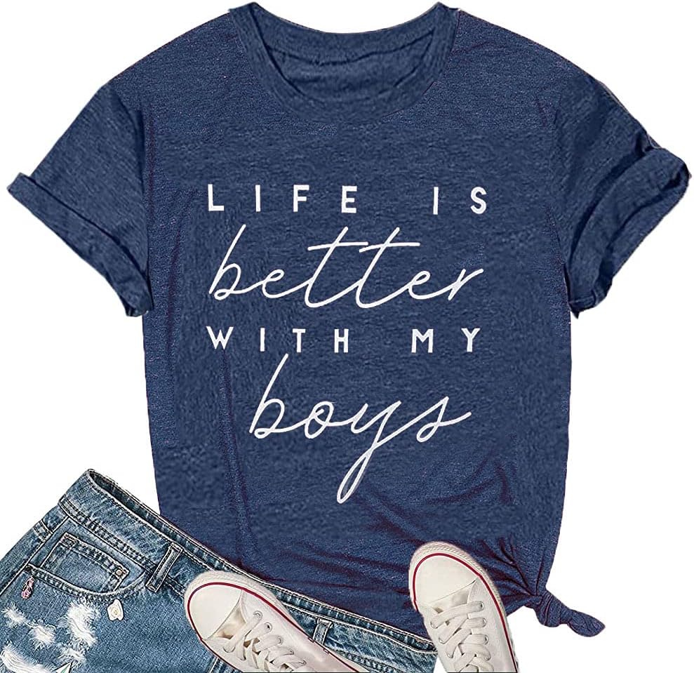 Life is Better with My Boys Women Funny Mom Gift Shirts Graphic Summer Short Athletic Casual Workout Tops Mother Shirt