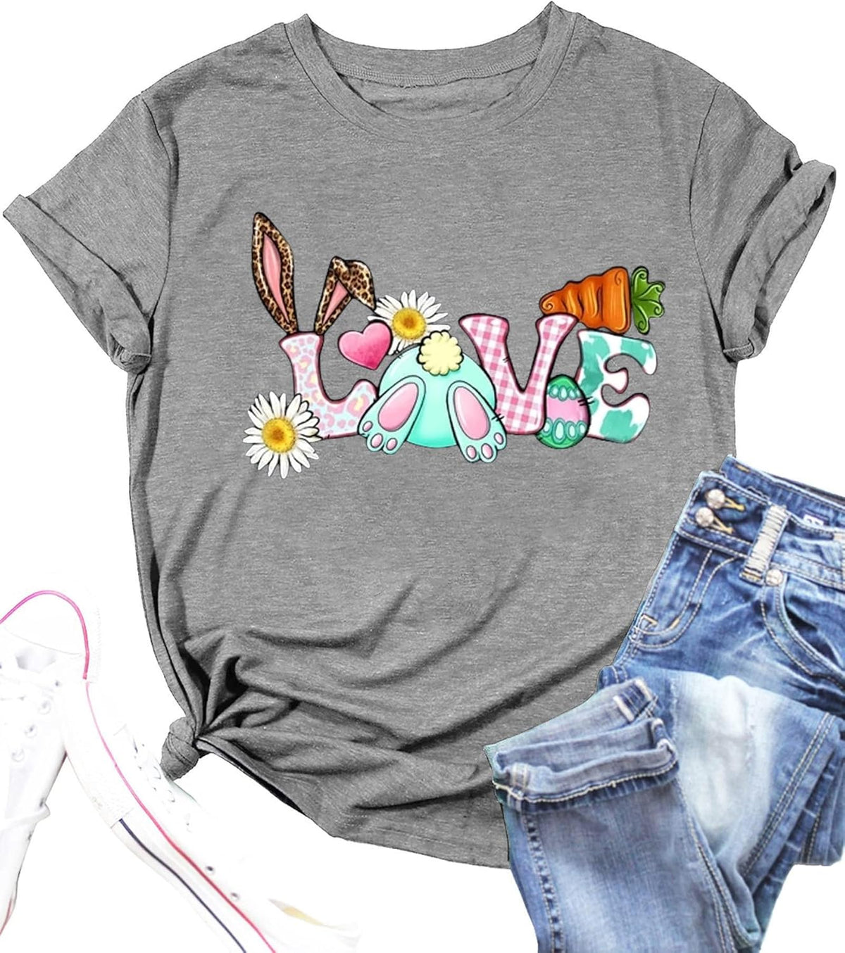 Bunny with Leopard Glasses Shirts for Women Cute Easter Graphic T Shirt Casual Spring Tops Comfortable Tee