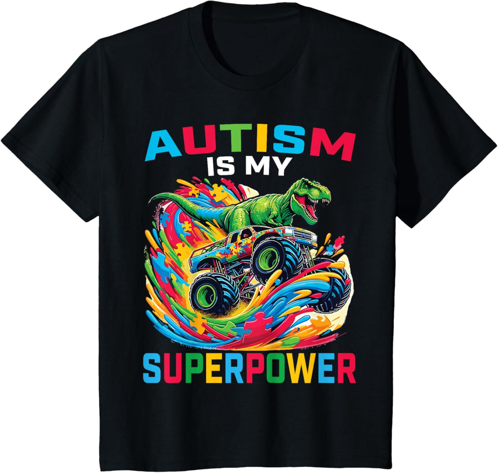 Autism Is My Superpower Dino T Rex Monster Truck Kids Boys