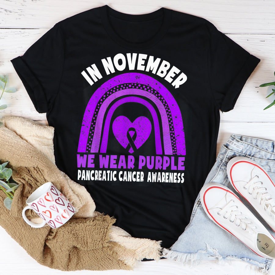 In November We Wear Purple Pancreatic Cancer Awareness Rainbow T Shirt , Pancreatic Cancer Awareness Ribbon Day Shirt ,Purple Ribbon Gift